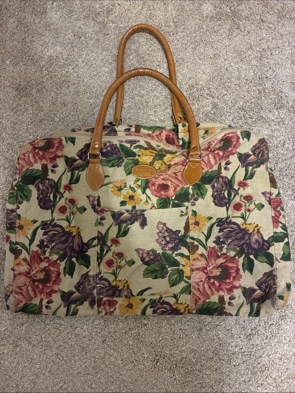 VTG Gitano Floral Canvas Weekender Bag with Tan Leather Handles